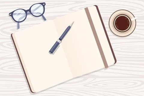 Flat workplace organization top view with wooden texture table notepad cup Stock Illustration