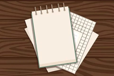 Flat workplace organization top view with wooden texture table notepad and Stock Illustration