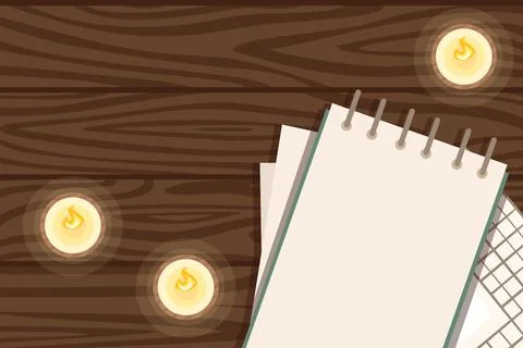 Flat workplace organization top view with wooden texture table notepad and Stock Illustration