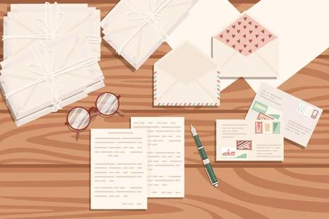 Flat workplace organization top view with wooden texture table notepad cup Stock Illustration