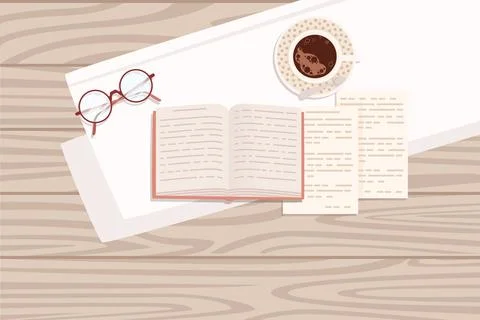 Flat workplace organization top view with wooden texture table notepad cup Stock Illustration