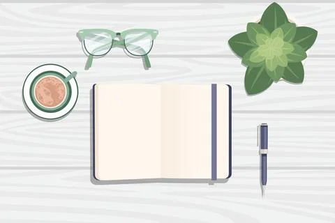 Flat workplace organization top view with wooden texture table notepad cup Stock Illustration