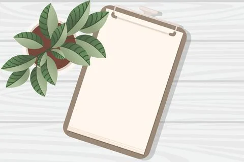 Flat workplace organization top view with wooden texture table notepad with Stock Illustration