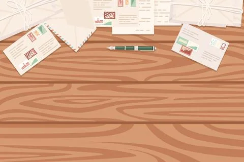 Flat workplace organization top view with wooden texture table postage envelope Stock Illustration