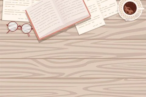 Flat workplace organization top view with wooden texture table notepad cup Stock Illustration