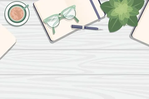 Flat workplace organization top view with wooden texture table notepad cup Stock Illustration