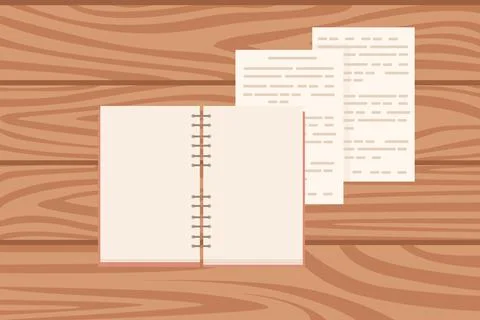 Flat workplace organization top view with wooden texture table notepad and Stock Illustration