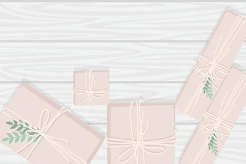 Flat workplace organization top view with wooden texture table paper packages Stock Illustration