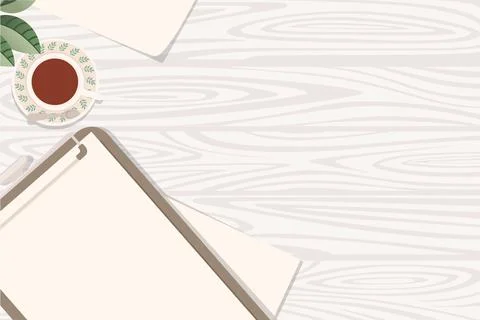 Flat workplace organization top view with wooden texture table notepad cup Illustrazione stock