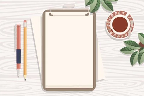 Flat workplace organization top view with wooden texture table notepad cup Stock Illustration