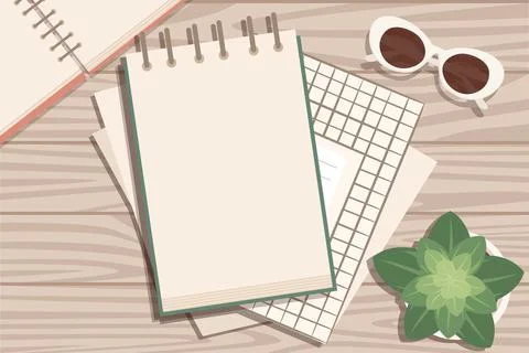 Flat workplace organization top view with wooden texture table notepad flower Stock Illustration