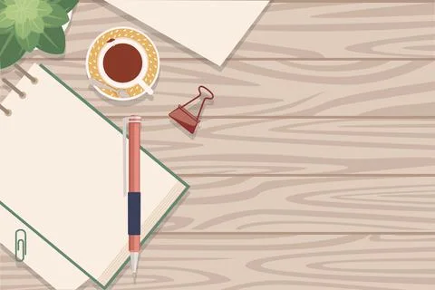 Flat workplace organization top view with wooden texture table notepad cup Stock Illustration