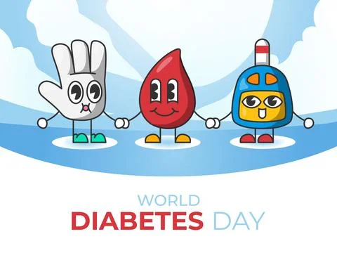 Flat World Diabetes Day glucometer, drop of blood and hands Stock Illustration