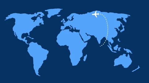Flat world map airplane icon and dotted flight path from toward minimalist .. Stock Footage 337062748