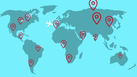 Flat world map location pins and airplane icons travel locations concept an.. Stock Footage 337062131