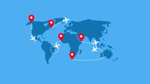 Flat world map with location pins and airplanes connected by dotted routes .. Vidéo 337062205