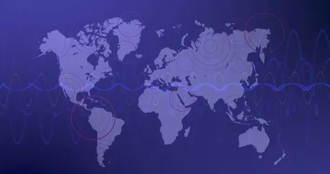 Flat world map receiving pulsating waveform then sending concentric pulses Stock Footage 313639582