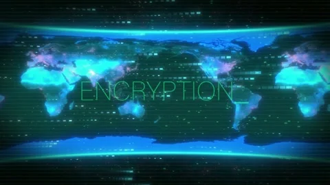 Flat world map showing ENCRYPTION, green glitch burst sweeping left-to-right, Stock Footage 334338033
