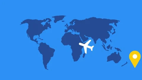 Flat world map silhouette in with a white airplane icon near oceania animatio Stock Footage 337062393