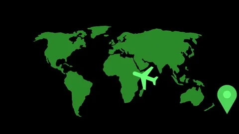 Flat world map silhouette in with a white airplane icon near oceania animatio Stock Footage 337062409