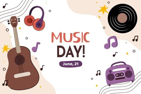 Flat world music day background with radio and guitar Stock Illustration