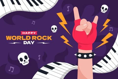 Flat world rock day background with hand showing rock sign Stock Illustration