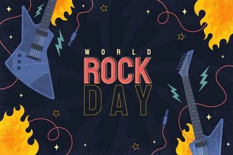 Flat world rock day background with guitars and flames Stock Illustration