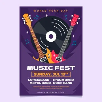 Flat world rock day poster template with guitars and vinyl records Stock Illustration