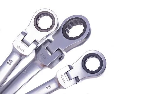 Flat wrenches with a ratchet for workshop work. Accessories for workshop mech 스톡 사진