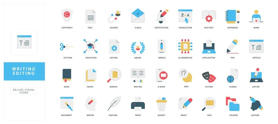 Flat Writing and Editing Icon Set Collection Illustrazione stock