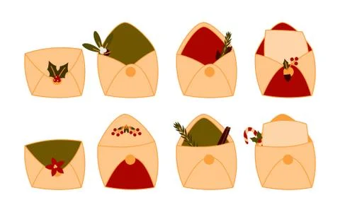 Flat Xmas mail letter open envelope vector set Stock Illustration