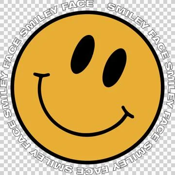 Flat yellow emoticon is floating on transparent canvas showing outer text ring Stock Illustration