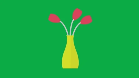 Flat yellow flower vase with red tulips blooming on a chroma key green backgroun Stock Footage 333240277