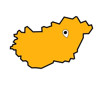 A flat yellow map of Hungary with a location pin marker. Stock Illustration