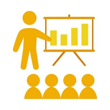 Flat yellow presentation speech with audience and a whiteboard icon Illustrazione stock