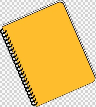 Flat yellow spiral notebook is leaning on transparent background showing black Stock Illustration