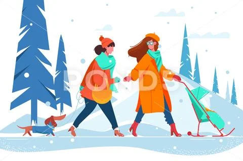 Flat young beautiful women with dog and stroller walking along snowy winter Stock Illustration