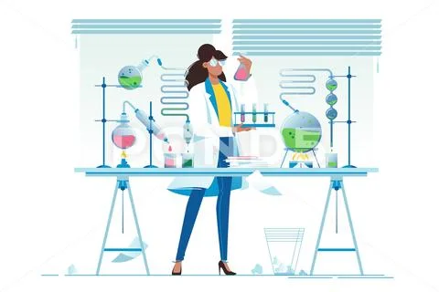 Flat young beauty woman chemist with flasks with liquid. Stock Illustration