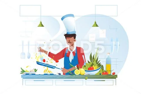 Flat young chef cooking vegetarian dish with olive oil. Stock Illustration
