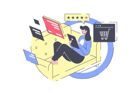 Flat young girl with tablet on couch. Stock Illustration