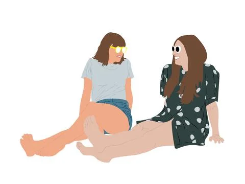 Flat young girls on the beach. Vector. Stock Illustration