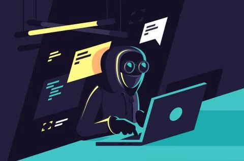 Flat young hacker programmer with laptop hacks programms and site. Illustrazione stock