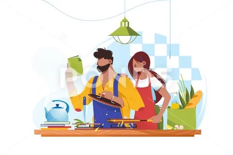 Flat young man and woman couple cooks together. Stock Illustration