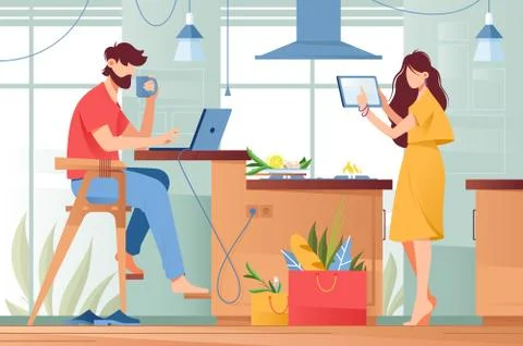 Flat young man with beard and beauty woman couple with gadgets in life. Stock Illustration
