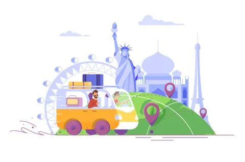 Flat young man with beard, bags traveling by car to paris, india, america. Stock Illustration
