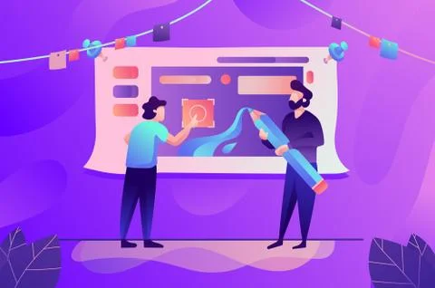 Flat young man with beard work together in design app in technological workplace Stock Illustration
