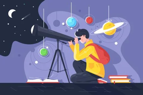 Flat young man with book and telescope studying solar system with planet. Stock Illustration
