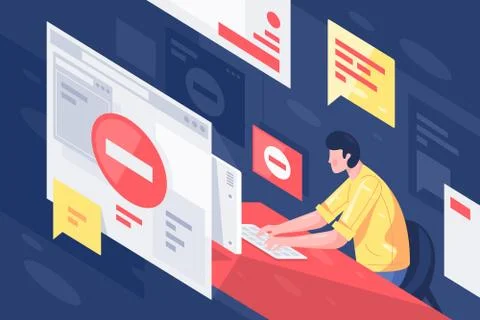 Flat young man with computer at workplace with html page with error service. Stock Illustration