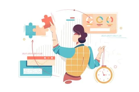 Flat young man controls time and project management. Illustrazione stock