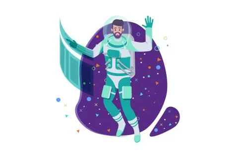 Flat young man cosmonaut with beard and future interface in space. Stock Illustration